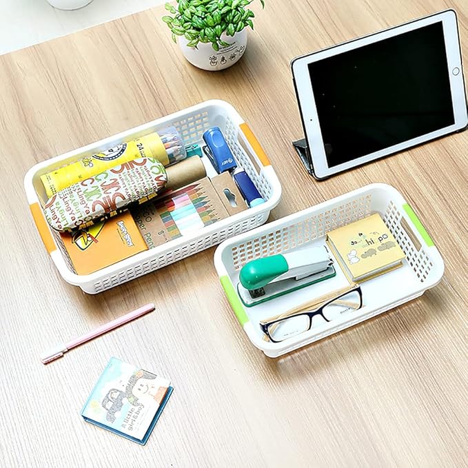 Lawei 8 Pack Large Plastic Storage Basket with Handle - 15 x 10 x 3 Inch Pantry Organizer Basket Bins Desktop Paper Storage Basket for Organization, Countertops, Cabinets, Bedrooms, Bathrooms