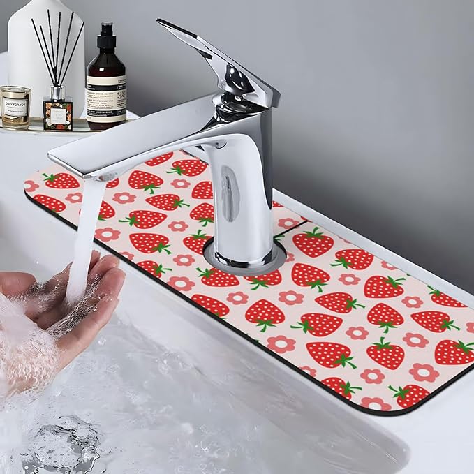 Faucet Draining Mat For Kitchen Sink, Pink Strawberry Diatom Mud Absorbent Drain Pad For Bathroom Kitchen Sink Splash Guard Drying Mat