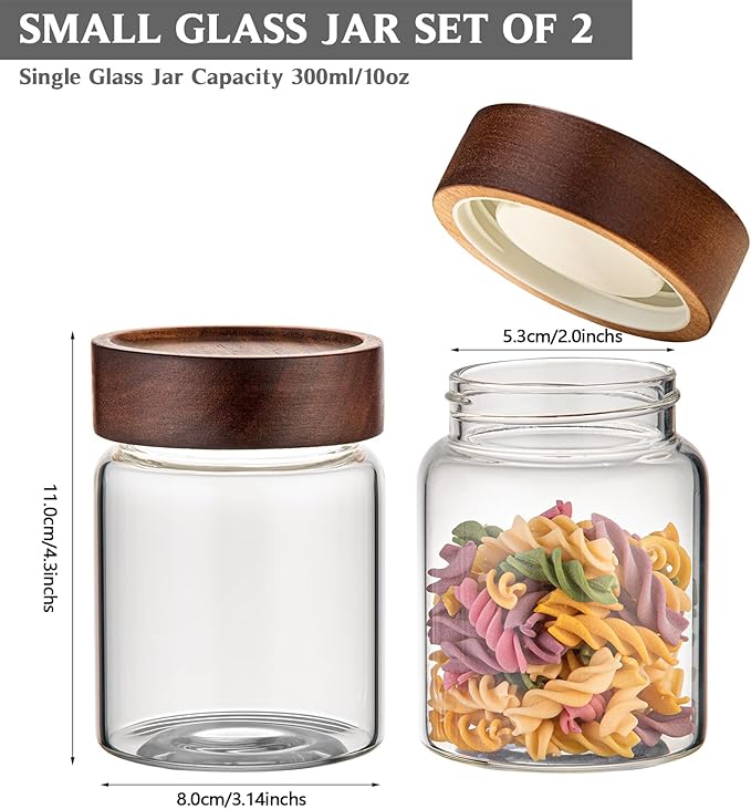 Patoper Small Glass Coffee Jars with Top Screw Lid Round Storage Canister Clear Glass Food Jar for Pantry Sugar Tea Coffee Bean Spice Nuts Cookies Bath Salts (2×300ml(10oz))