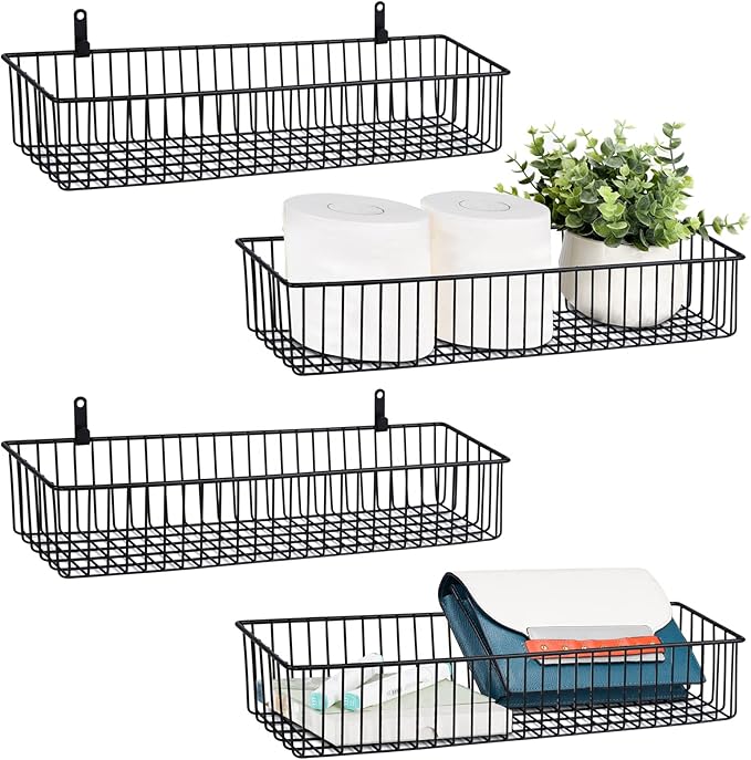 Wetheny Farmhouse Décor Metal Wire Organizer Storage Basket Bin(4 Pack)-Toilet Paper Storage-Organization and Storage for Bedroom, Bathroom, Kitchen Cabinets, Pantry, Laundry Room, Garage (Black)