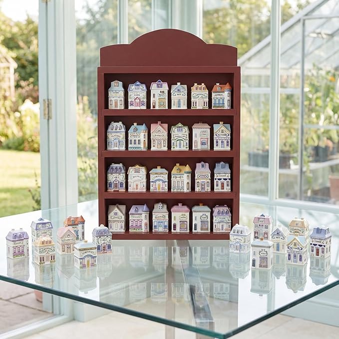 Chunful Vintage Spice Village Wooden Rack 22 x 17 x 4 Inches Wood Color Display Rack with 4 Shelves for Wall Mounting Kitchen Storage Spice Village Display Shelf for 24 Jars, Shelf Only