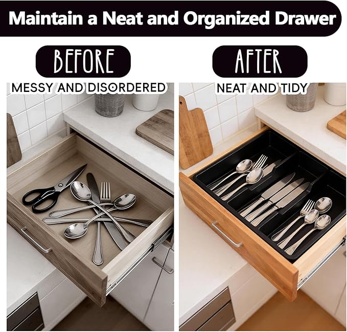 Kitchen Utensil Drawer Organizer, Expandable Cooking Silverware Tray, Adjustable Cutlery Flatware Holder for Spoon Fork Knife, 3 Compartments Black Plastic Spatula Tools Gadgets Storage Divider