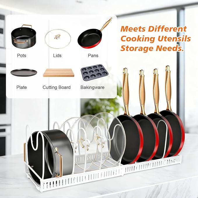 Expandable Pots and Pans Organizer Rack for Under-Cabinet Storage - Adjustable Kitchen Cabinet Organizer with 13 Dividers, Cutting Board Holder & 6 Non-Slip Silicone Pads-White