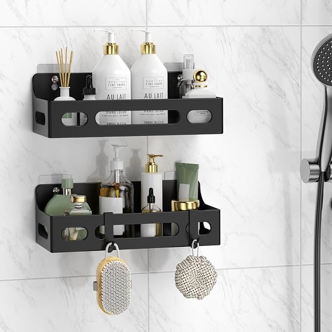 Shower Caddy Adhesive, No Drill Bathroom shower Organizers, with Removable Hooks, Rust Proof Shower Shelves, Home Farmhouse Wall Inside Organization Self Adhesive Black Bathroom Shelves Basket