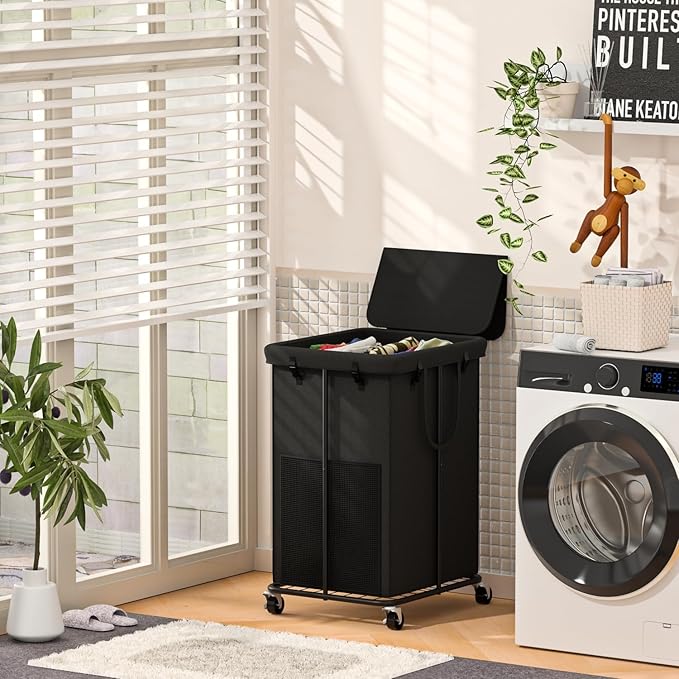 Large Laundry Hampers with Lid, Oxford Fabric Laundry Hampers, Metal Frame and Removable Bag Design with Wheels, Suitable for Bedroom, Bathroom, Dorm Room, Laundry Room (Black with Lid)