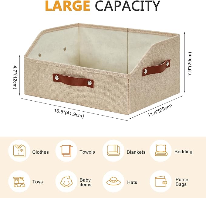 Closet Organizers and Storage, Linen Trapezoid Storage Bins with Handles, Collapsible Shelf Organizer for Blanket, Towel, Clothes, Hats, Purse (Khaki)
