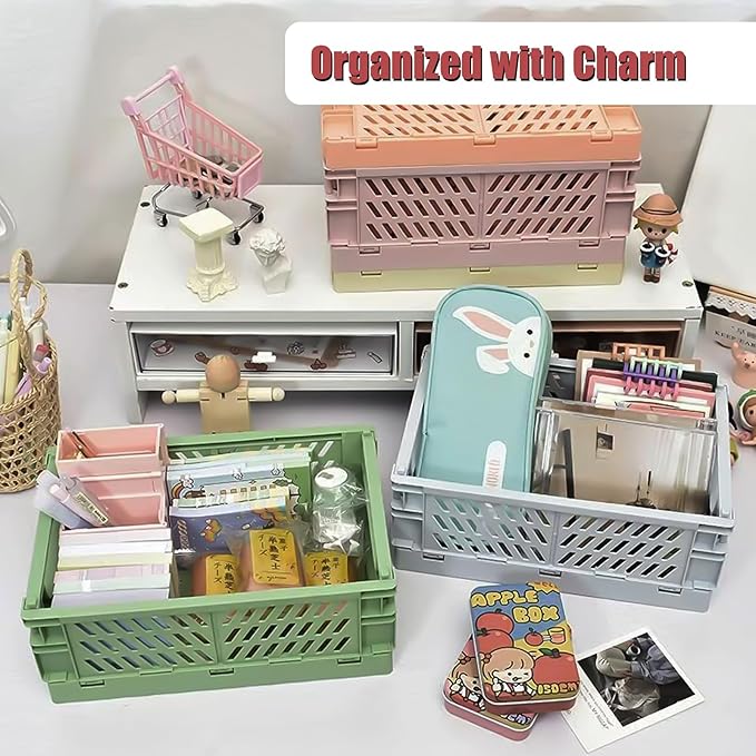 Pastel Plastic Storage Baskets 2 Pack, Collapsible Crates for Organizing, Space-Saving Bins for Kitchen, Office, Bedroom (Orange, Medium:9.8" x 6.5" x 3.8")