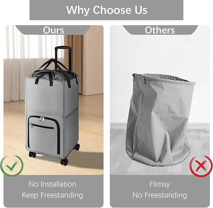 Bukere Rolling Laundry Hamper with Wheels, Large 90L Freestanding Collapsible Laundry Basket Bag for Clothes Storage, Heavy Duty Removable Wheeled Cart for College Dorm Apartment Laundry Room Bathroom