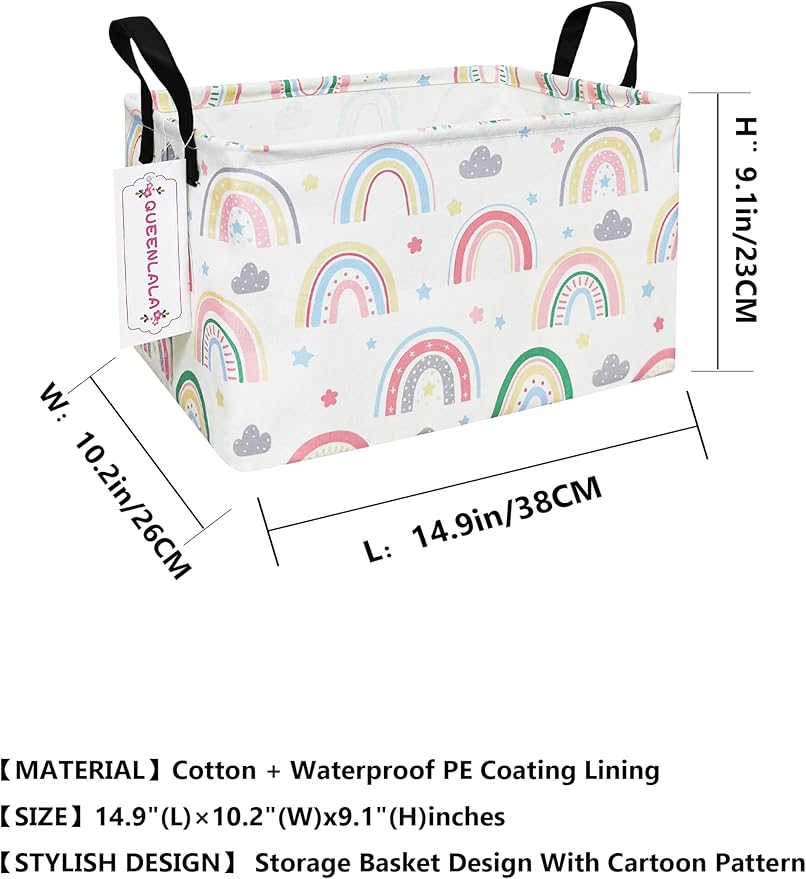 QUEENLALA Rectangular Laundry Hamper/Foldable Nursery Laundry Basket for Organizing/Storage Bin Baskets/Children Toy Office Bedroom/Toy Bin Closet Shelf Baskets（Rec-Rainbow）