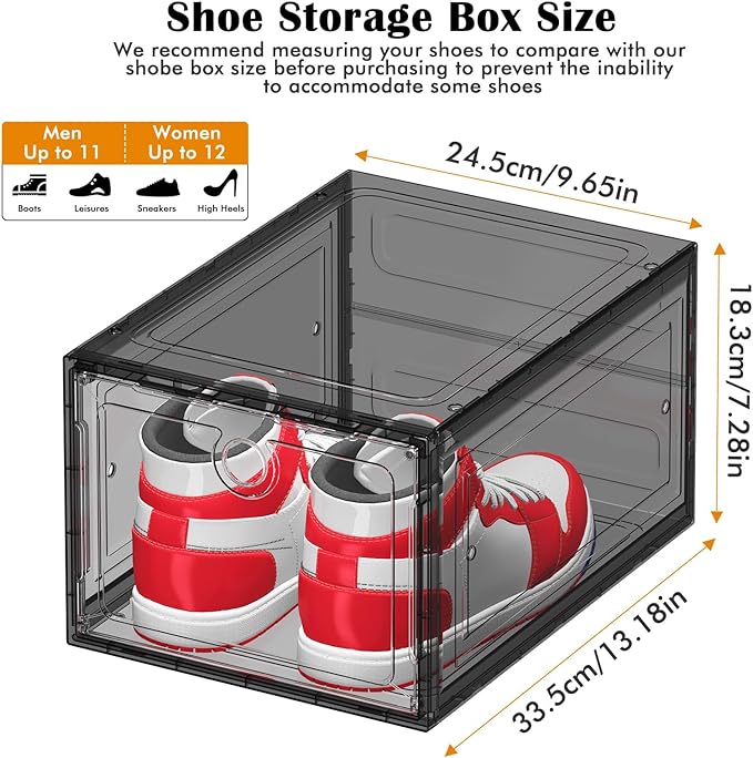 ARSTPEOE 6 Pack Upgrade Harder Shoe Organizer, Shoe Storage with Magnetic Front Door, Clear Shoe Boxes Foldable Space-Saving Shoe Rack for Sneaker Boot Container, Black