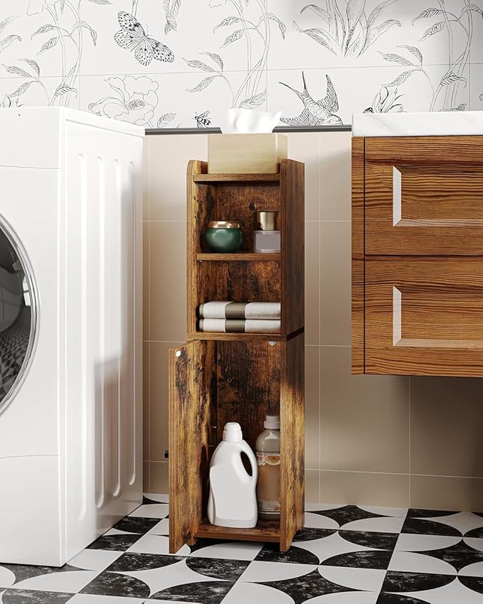 Bathroom Storage Cabinet, Corner Floor Cabinet with Doors and Adjustable Shelf, Narrow Toilet Paper Cabinets, Bathroom Organizer for Small Spaces, Brown BC19701X