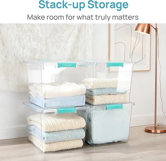 Vtopmart 4 Pack 72 QT Crystal Clear Storage Bins with Lids, 4 Pack Stackable Plastic Large Latching Boxes Totes Tubs Container for Closet Organizers and Storage, Bedroom, Clothes, Toys, Bedding