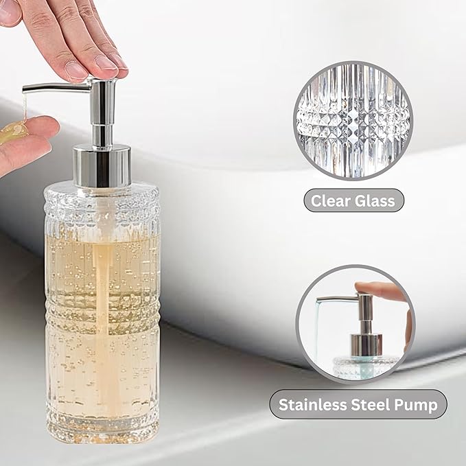 Escenzy Clear Glass Bathroom Accessories Set 4 Pcs | Premium Liquid Soap Dispenser and Toothbrush Holder Set, Qtip Holder, Soap Tray | Bathroom Countertop Organizer | Modern Bathroom Accessory Sets