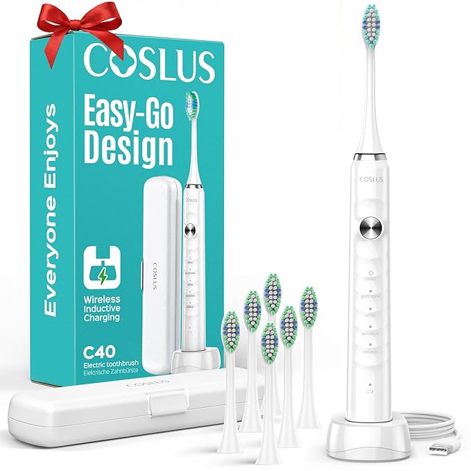 COSLUS Sonic Electric Toothbrush for Kids & Adults C40(DY-108Pro): 47000 VPM for Deep Cleaning with Travel Case - 5 Modes for Sensitive Teeth & Braces, Wireless Charging, 6 Brush Heads, White (1PC)