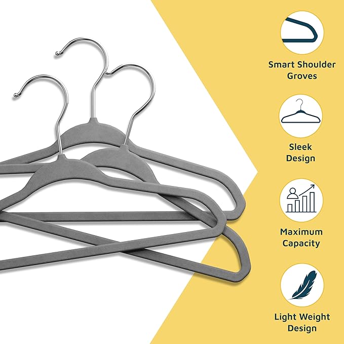 Gray Velvet Kids Hangers 20 Pack, 10.83" Non-Slip Baby & Toddler Hangers for Clothes, Space-Saving Slim ABS Plastic with 360° Swivel Hook & Notched Shoulders, Up to 10 lb Capacity