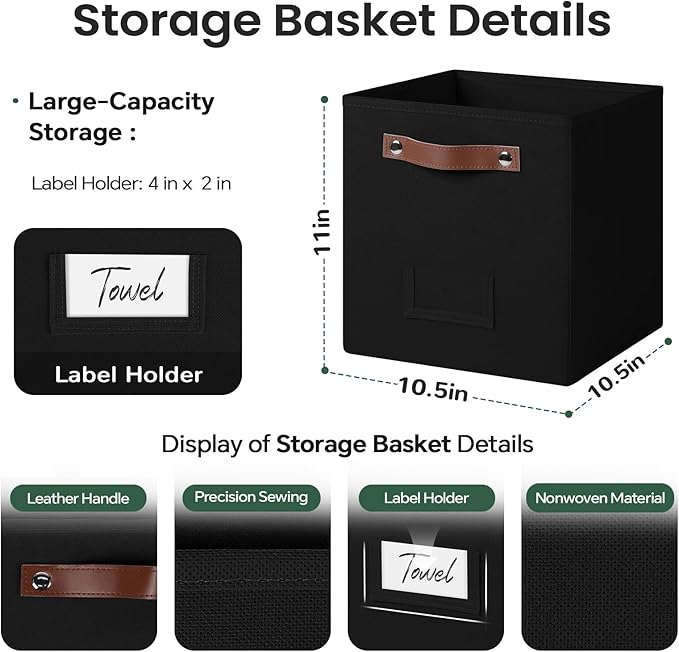 6-Pack Storage Cubes with Handles & Label Holders Basket, Closet Cube Home Organizer Bins(Black, 10.5*10.5*11 inch)