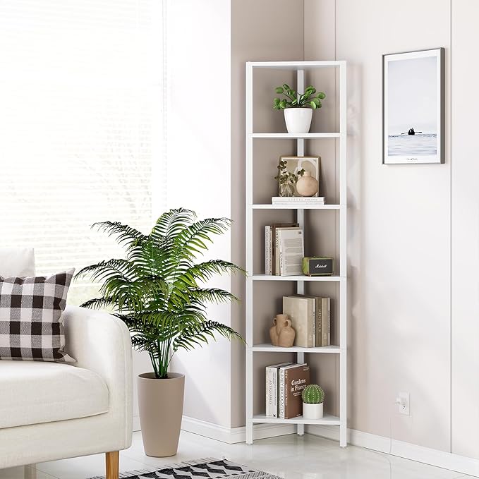TUTOTAK 6-Tier Corner Bookshelf with LED Light,Corner Shelf for Small Space, Narrow Display Corner Shelf Stand with Storage Rack, for Living Room, Bedroom, Pure White V1BS05BW006L