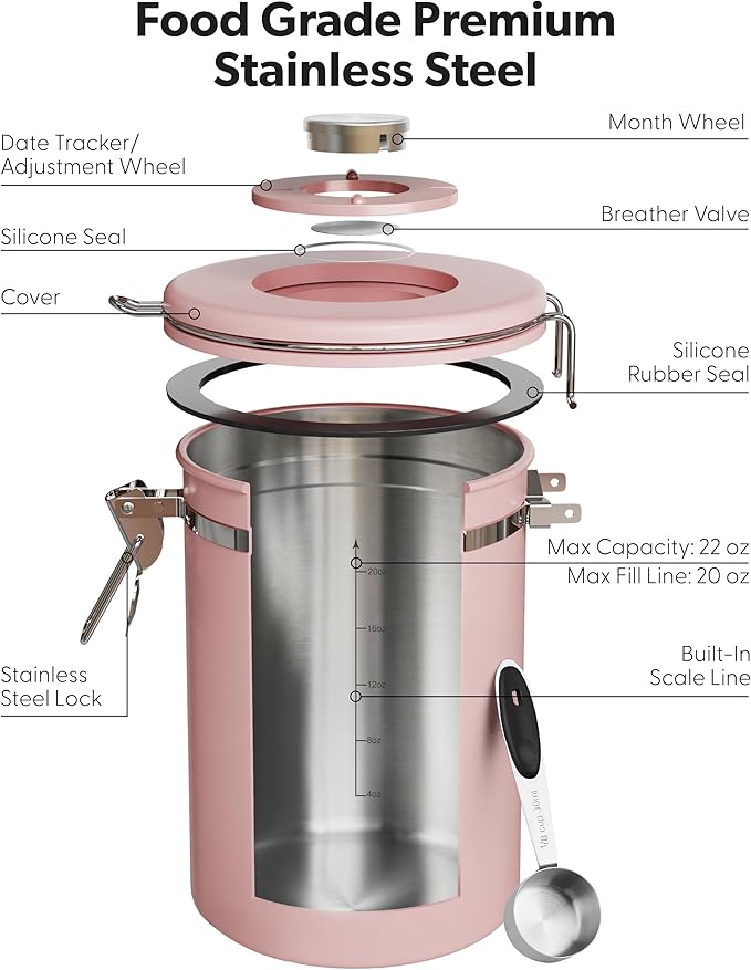 Veken Coffee Canister with Window, Airtight Stainless Steel Kitchen Food Storage Container with Lids, Date Tracker and Scoop for Grounds Coffee, Beans, Tea, Flour, Cereal, Sugar Jars, 22OZ, Pink