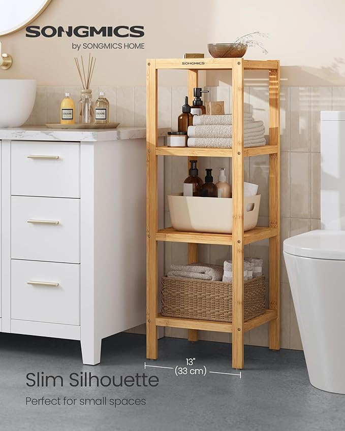 SONGMICS 4-Tier Bamboo Shelf, Narrow Bathroom Shelf, Standing Towel Rack, Corner Rack, for Kitchen, Living Room, Bedroom, Entryway, Bathroom, Natural UBCB54Y