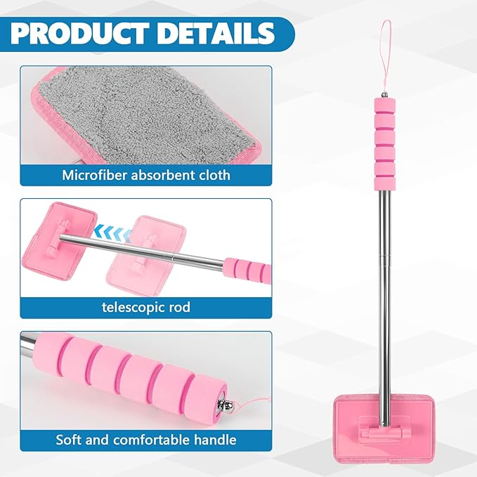 Car Windshield Cleaning Tool, Car Windshield Window Cleaner, Auto Glass Wiper Tool with Extendable Handle & Reusable Microfiber Pad, Universal Vehicle Cleaning Car Accessories (Pink)