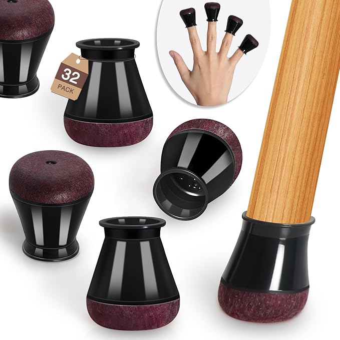 YOZON Small Chair Leg Floor Protectors for Hardwood Floors 32 Pack Felt Furniture Pads Silicone Caps Anti-Scratch Reduce Noise Black Round Small Fit 1/2" to 3/4" (14-19mm)