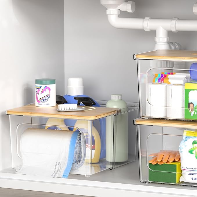 Trash Bag Dispenser Under Sink Organizer, 2-in-1 Acrylic Trash Bags Holder with Bamboo Lid, Holds Large Rolls up to 100 Count, Garbage Bag Storage Container for Kitchen, Pantry, Laundry Room