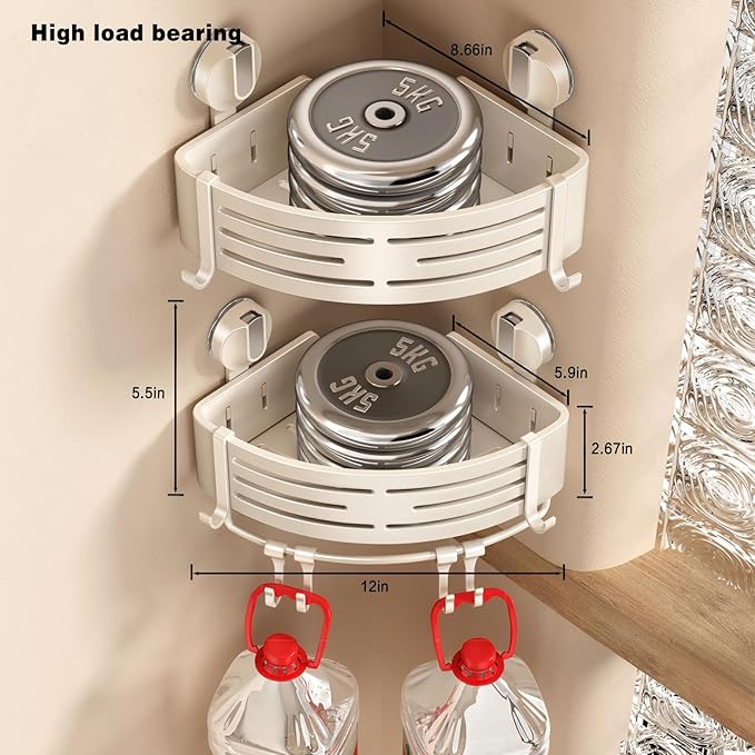 VOLPONE Corner Shower Caddy Suction Cup Shower Shelf Corner No Drilling Bathroom Shower Organizer Storage Rack Adhesive with Towel Bar Hooks(2-Pack, Ivory)
