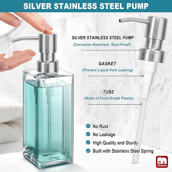 GMISUN Glass Soap Dispenser with Stainless Steel Pump, Clear Hand Soap Dispenser for Bathroom, 12 fl oz/350ml Dish Dispensers for Kitchen, Modern Refillable Liquid Soap Lotion Bottle for Countertop