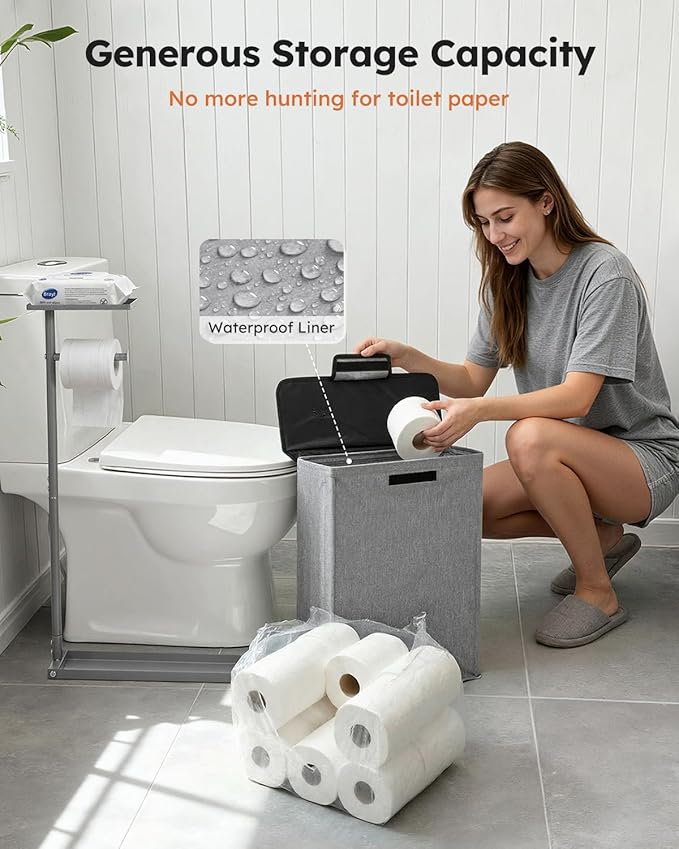SOLEDI Freestanding Toilet Paper Holder Stand,Bathroom Toilet Paper Storage Organizer with Lid for up to 12 Rolls,Featuring Shelf and Sturdy Metal Base,Gray
