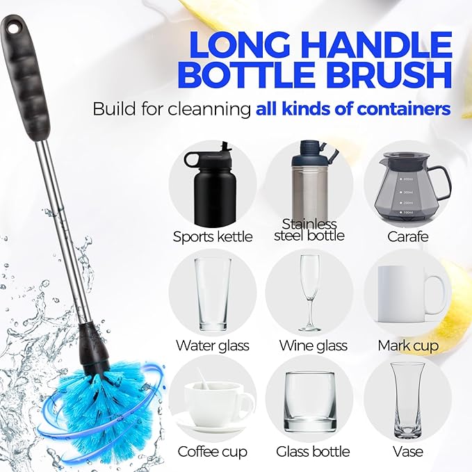 Holikme 6 Pack Brush Set, 14" Long Handle Stainless Steel Cleaner, 3 Straw Brushes, 3-in-1 Cleaning Brush for Water and Baby Bottles, Straws - Blue