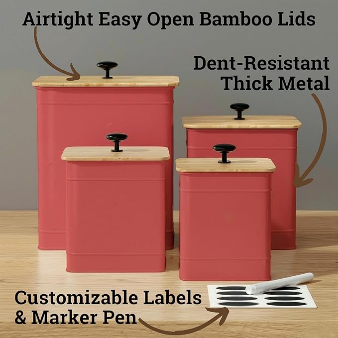 Kitchen Canisters for Countertop Set of 4 with Customizable Chalkboard Labels & Marker Pen - Big Iron Kitchen Canister Set with Airtight Lids - Red Canisters - Sugar Tea Coffee Containers Sets