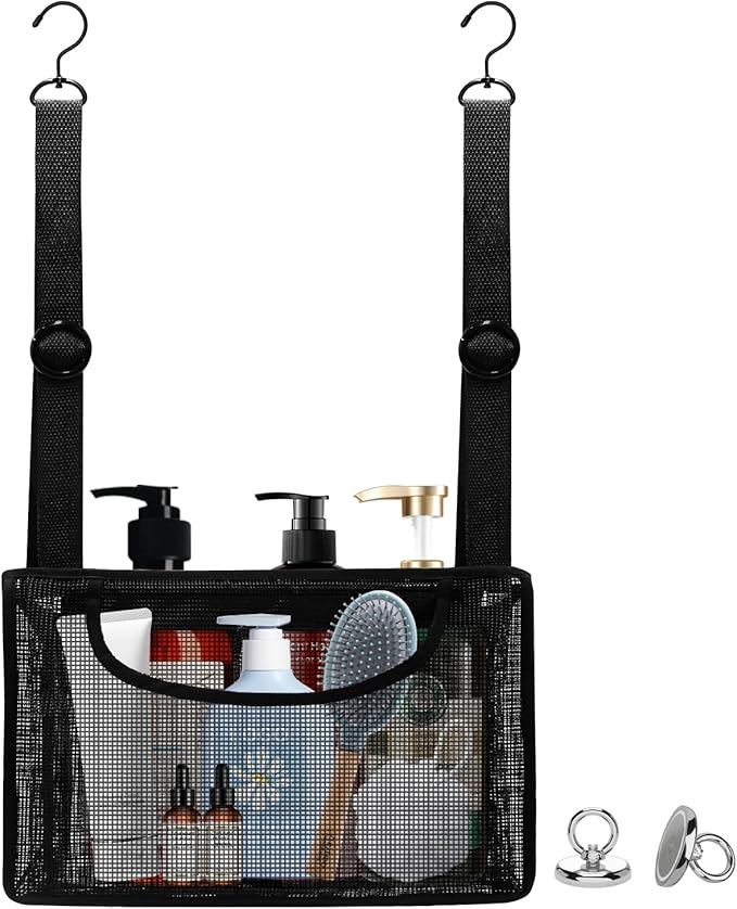 Momooda Black PVC Mesh Hanging Shower Caddy with 2 Magnetic Hooks, Adjustable Portable Bathroom Organizer with Pockets for Cruise, Dorm, Gym, Camping, RV, 12"x6"x7"(LxWxH)