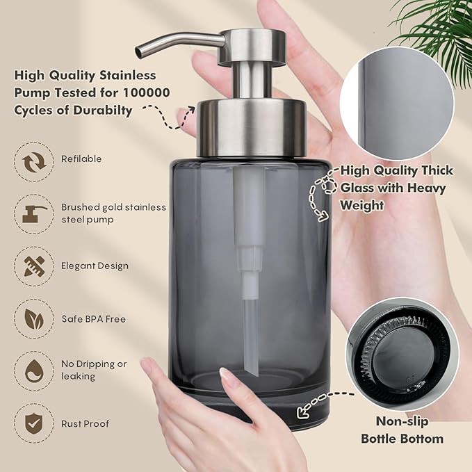 Glass Soap Dispenser 2Pack,12oz Thick Glass Grey Hand Liquid Soap Dispenser Bathroom