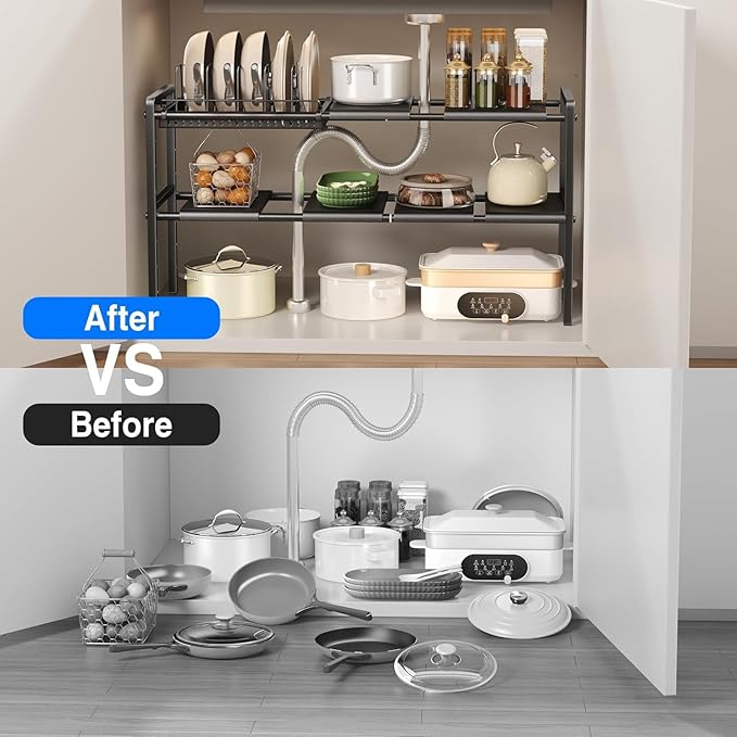 Pots and Pans Organizer Under Cabinet, Expandable 2 Tier Under Sink Organizers and Storage Adjustable Height Kitchen Pot and Pan Lid Holder Rack with 6 Dividers(6panels,1 Pot rack, Black)
