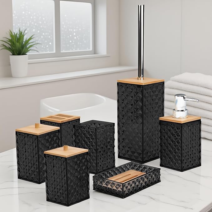 Bathroom Accessory Set,7 Pcs Black Bathroom Set Include Soap Dispenser, Qtip Holder Dispenser, Soap Dish,Toilet Brush,Toothbrush Holder & Mouthwash Cup.Boho Bathroom Set