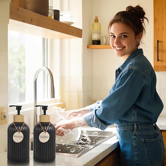 2 Pack ViserVita Glass Soap Dispenser Set with Bamboo Pump,Refillable Liquid Hand soap Dispenser for Bathroom, Premium Kitchen Sink Soap Dispenser