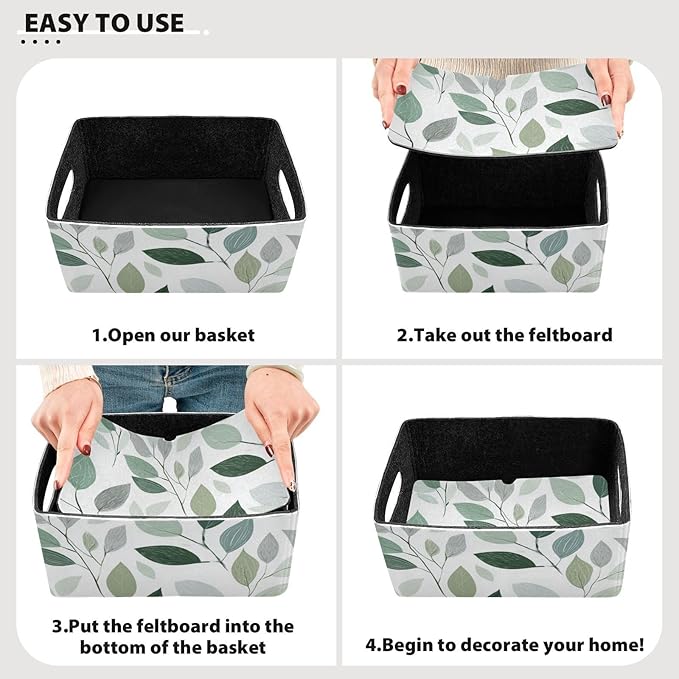 Sage Green and Grey Leaves Closet Storage Bins 2 Pcs Felt Open Home Storage Containers Organizer with Handles Collapsible Shelf Basket for Home Office Craft Room Classroom Fabric