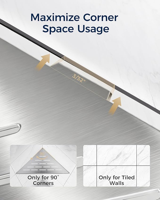 WZKALY Corner Shower Shelf 10'', 304 Stainless Steel Corner Shelf 2 Pack, Grout in Bathroom Shelves for Tiled Wall, Recessed Shower Shelves Caddy with 4 Hooks, No Drilling (Brushed Nickel)