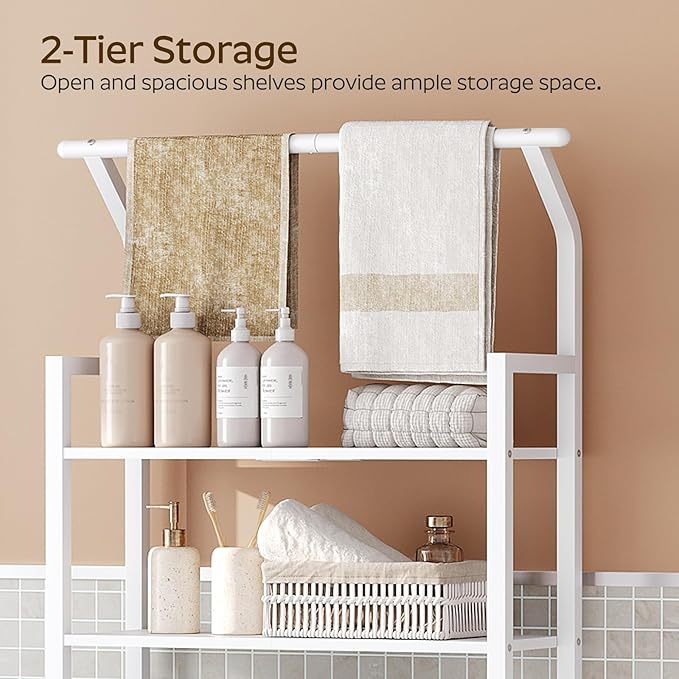 2-Tier Over The Toilet Storage, Multifunctional Vertical Over Toilet Bathroom Organizer, Freestanding Bathroom Storage Shelves with Hooks, Bathroom Organizer, Rustic Brown and Black TR01WT