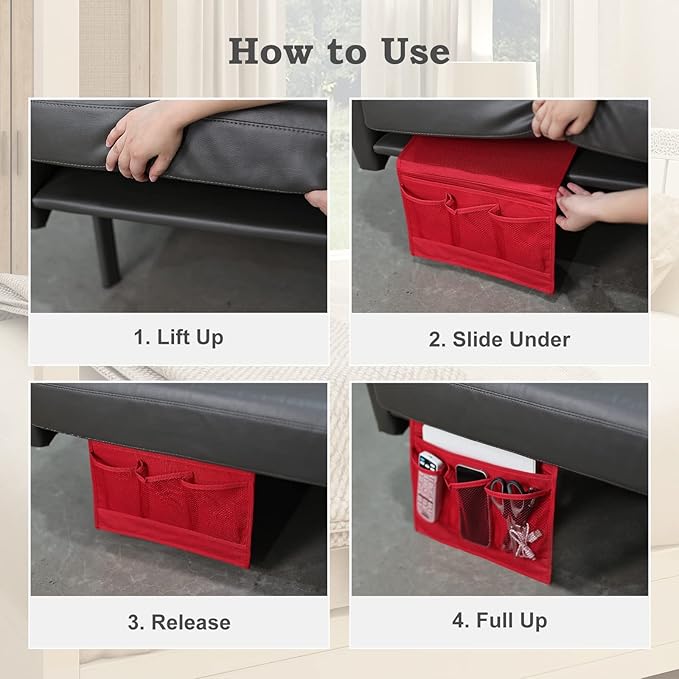 Surblue Bedside Caddy 4 Pockets Bedside Storage Organizer for TV Remote Control Phone Glasses Magazine (Red)