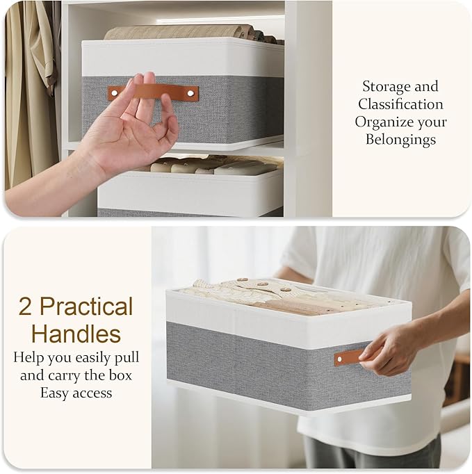 Fabric Clothing Storage Boxes, Storage Baskets with Handles, Cube Organizer Bins for Bedroom Laundry,13 × 9.1 × 5.5 Inch, White and Grey, 2-Pack