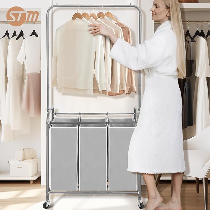 STORAGE MANIAC 136L Laundry Sorter with Hanging Bar, Portable, Removable Laundry Hamper Cart with Heavy Duty Rolling Lockable Wheels and Removable Bags, Rolling Laundry Basket Organizer, 3 Section