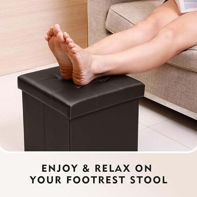 B FSOBEIIALEO Storage Ottoman Small Cube Foot Rest Seat Faux Leather, Brown 12.6"X12.6"X12.6" (2 Pack)