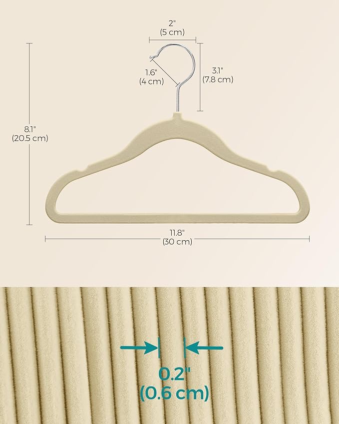 SONGMICS Baby Kids Hangers 50 Pack for Closet, 11.8 x 8.1 Inches, Silver 360° Swivel Hooks, Space-Saving Clothes Velvet Hangers for Nursery, Non-Slip, Summer Sand UCRF027K05