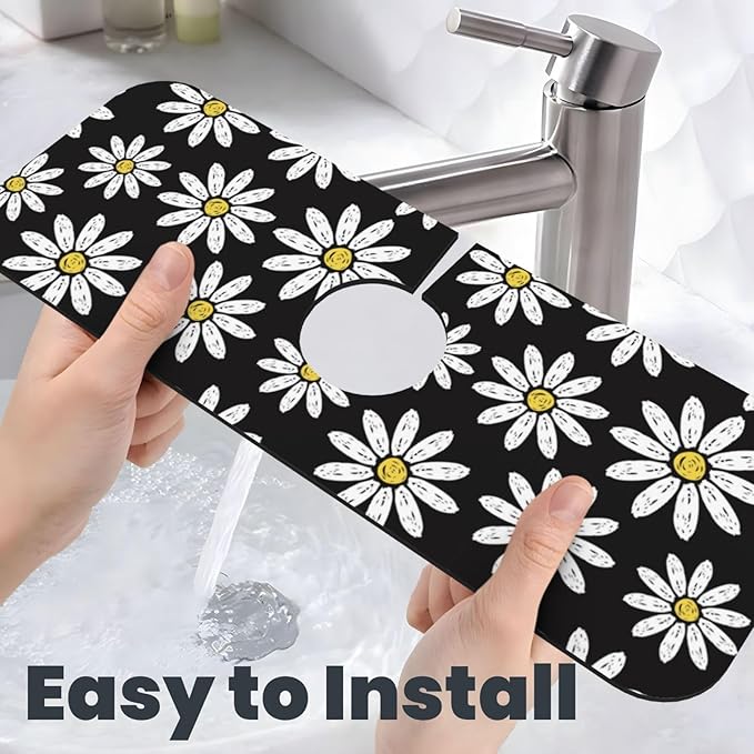 Daisy Flowers Floral Black Kitchen Sink Splash Guard Faucet Mat Super Absorbent Fast Drying Mat Sink Gadgets-Fast Drying Pad Sink Mat For Kitchen Bathroom (15" X 5.5" )