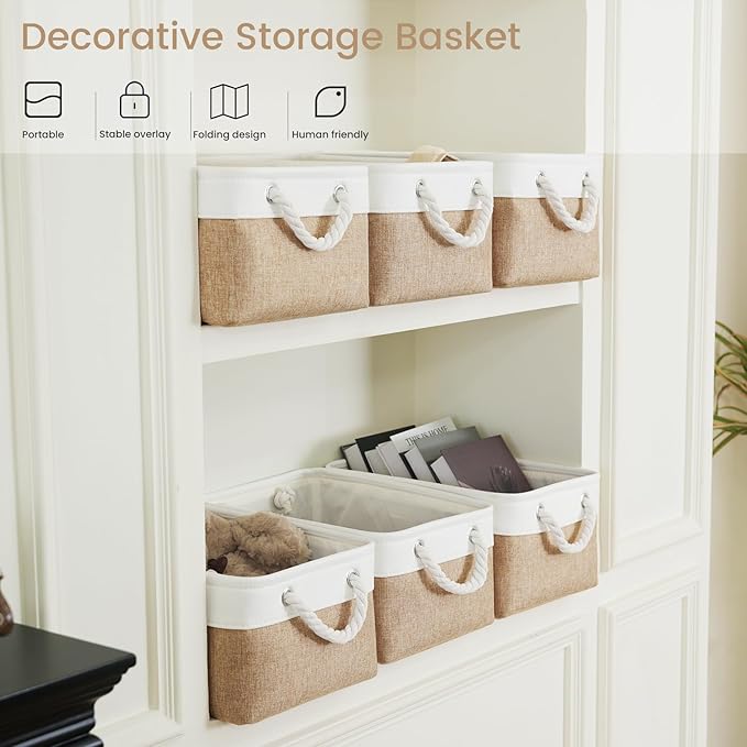 Storage Baskets for Shelves 13.8x9.8x6.7 Inch, Foldable Fabric Storage Bins with Handles, Small Storage Baskets for Organizing Closet, Office, Home Organization (1-Pack, White&Khaki)