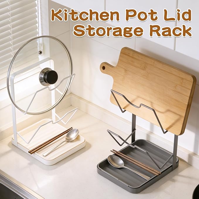 Kitchen Pot Lid Storage Rack, Pot Lid Holder With U-Shaped Vertical Slots, Multifunctional Kitchen Pot Cover Organizer for Countertop, With Removable Drip Tray for Stove Top (White)
