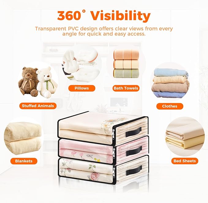 SpaceWhisper 10 Pack Clear Storage Bags, Plastic Blanket Storage Bags with Zipper and Handle, Moving Bags for Comforter, Bedding & Clothes, Closet Organizer and Under Bed Storage (15.7x13.8x3.9 Inch)