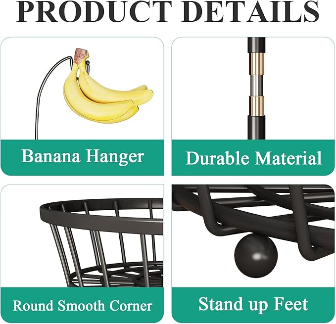 2-Tier Fruit Basket Bowl Stackable Vegetable Storage with Banana Tree Hanger Stand for Kitchen Countertop, Metal Wire Basket for Bread Onions Potatoes Black