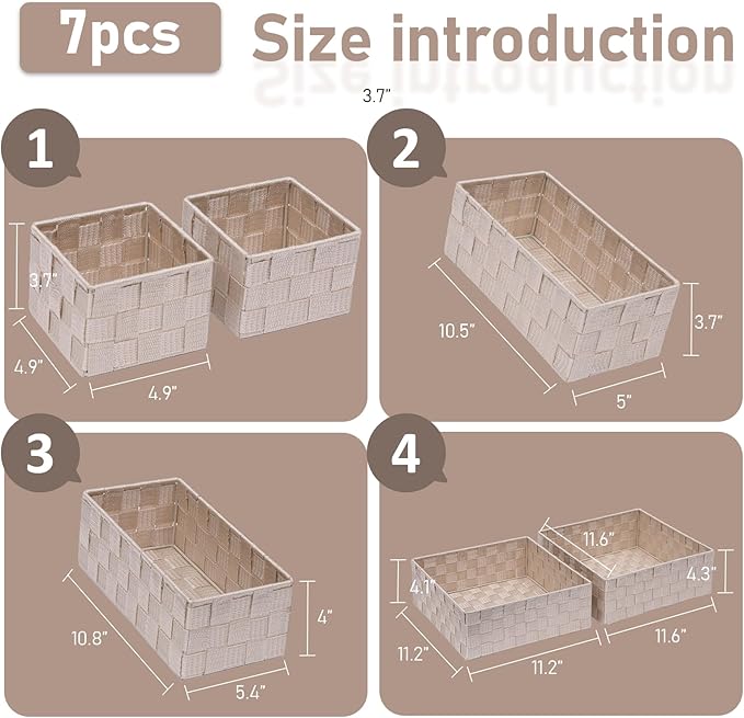 Storage Bins Woven Organizer Set of 7 – Polypropylene Storage Baskets with Metal Frame, Stackable Fabric Boxes for Drawers, Closet, Shelf, Nursery and Office, Beige